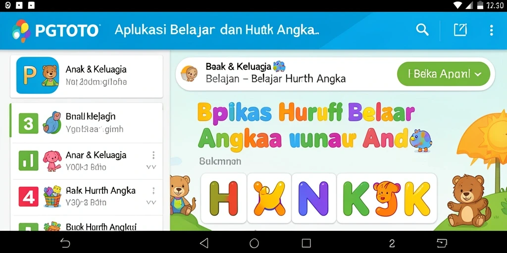 Tampilan antarmuka PGTOTO yang ramah anak saat belajar huruf dan angka.